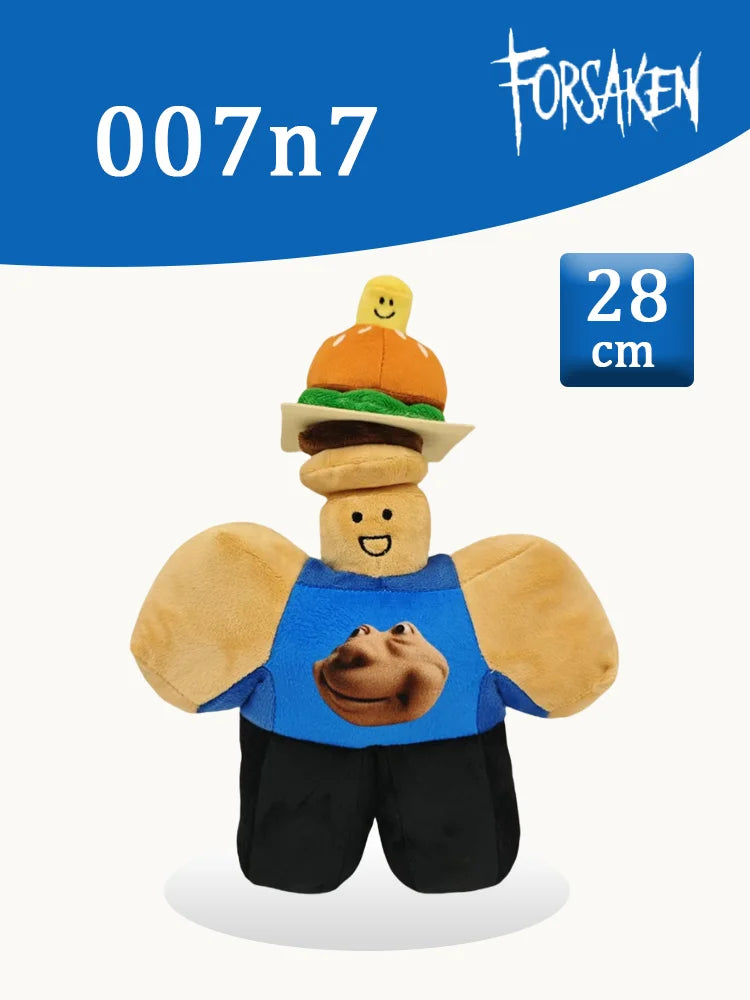A soft plush toy resembling a rabbit wearing a hamburger hat and blue shirt.