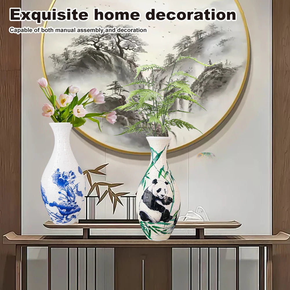 Blue and white porcelain flower vase with bamboo plant and panda figurine on a wooden shelf