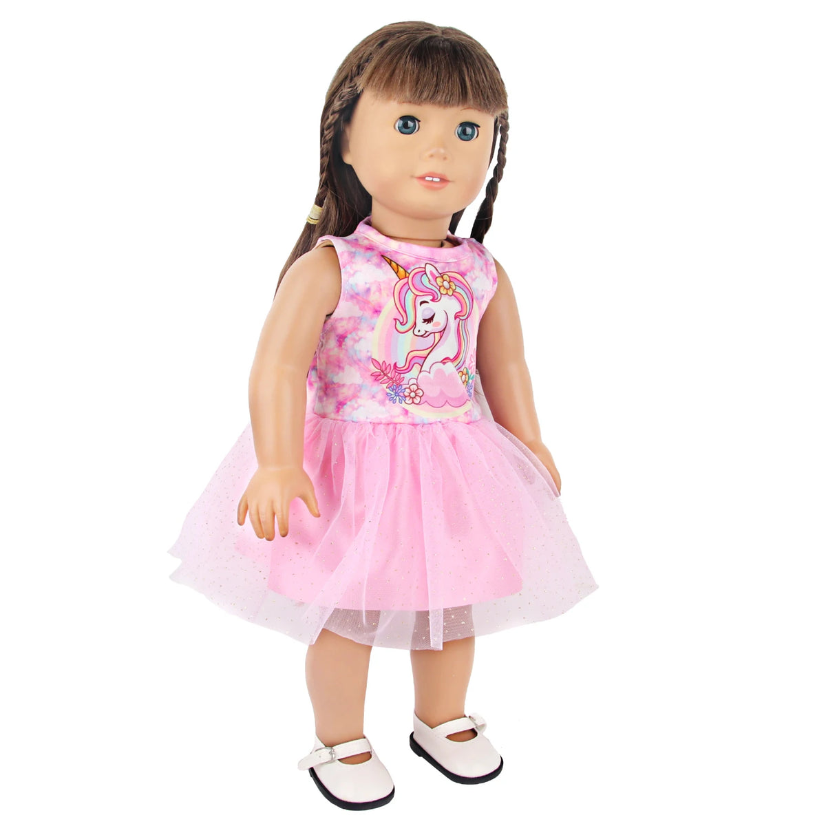 A doll wearing a pink unicorn skirt outfit with a unicorn graphic top and white shoes.