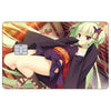 Anime girl with green hair and purple accents wearing dark clothing, sitting down.