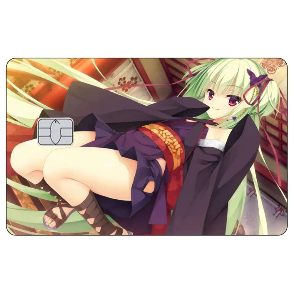 Anime girl with green hair and purple accents wearing dark clothing, sitting down.