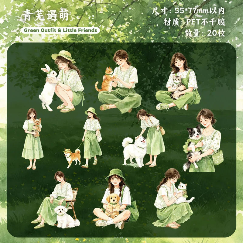 A collection of 20 stickers featuring girls and pets in a green outfit theme.