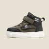 A pair of dark olive green and black kids' high-top sneakers with a white sole.