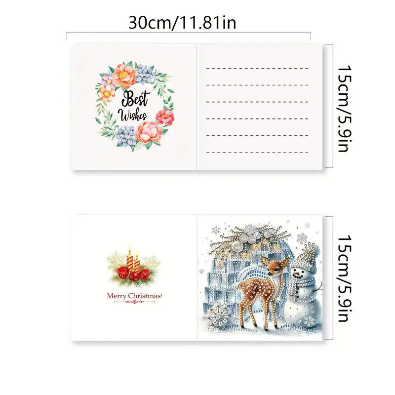 A set of six DIY diamond art Christmas greeting cards featuring floral designs and winter scenes.