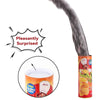 A gray snake is being pulled out of a can, illustrating a surprise prank toy.
