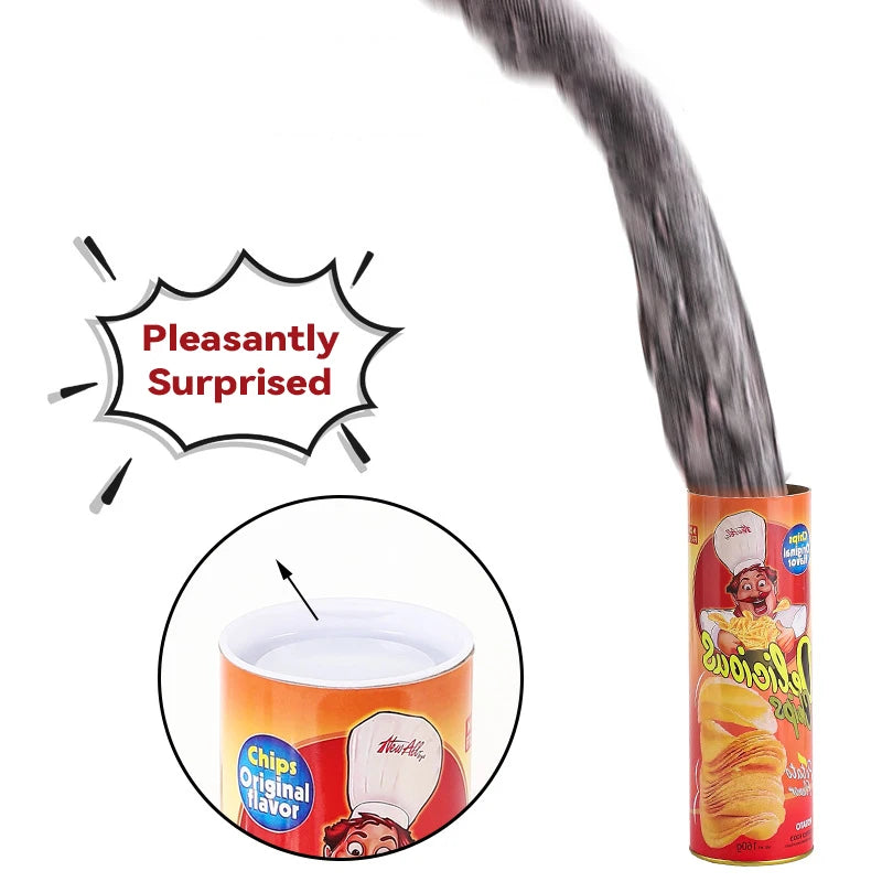 A gray snake is being pulled out of a can, illustrating a surprise prank toy.