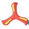 An orange soft foam boomerang flying disc with yellow accents, designed as a safe outdoor toy.