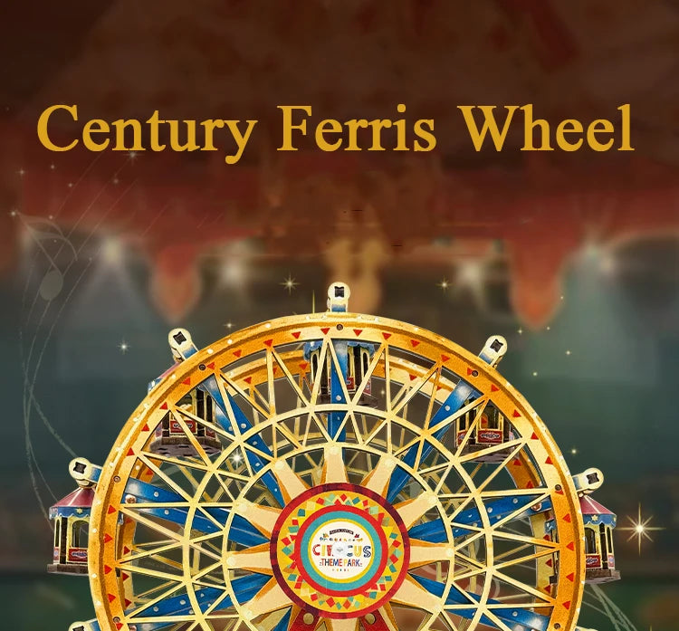 A detailed wooden model kit of a Century Ferris Wheel with miniature figures and decorative elements.