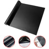 A black reusable chalkboard wall sticker panel shown from the side and close-up views of its texture.