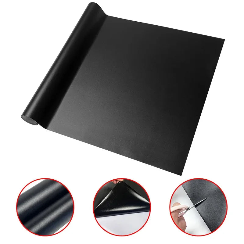 A black reusable chalkboard wall sticker panel shown from the side and close-up views of its texture.