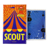 A box for the Scout card game featuring a pyramid design and the word SCOUT on the front.