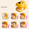 A yellow dog toy set for children featuring various medical accessories like syringes and tools.