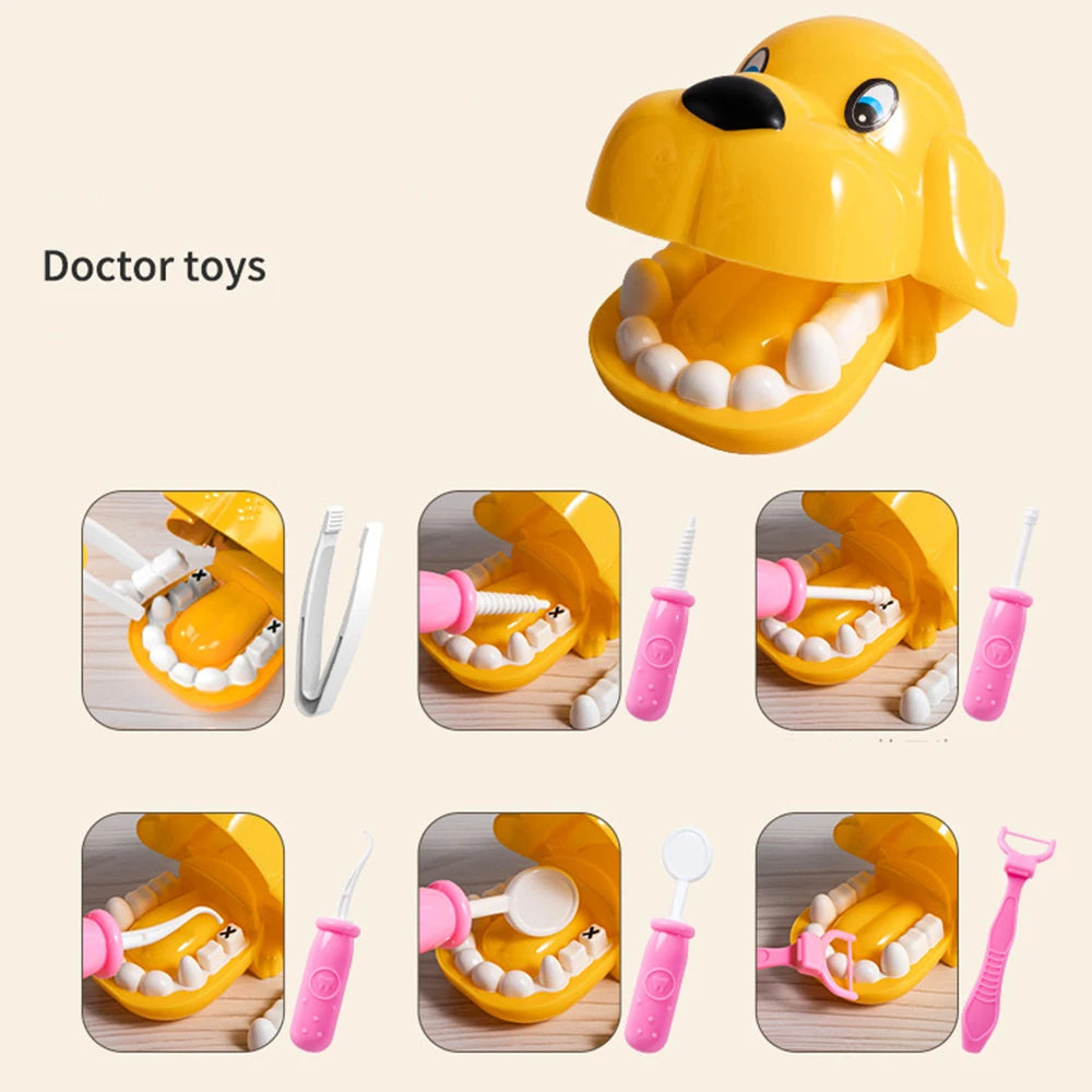 A yellow dog toy set for children featuring various medical accessories like syringes and tools.