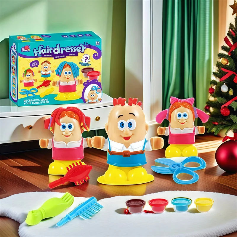 A colorful hairdresser playset featuring plastic tools and hair accessories for children.