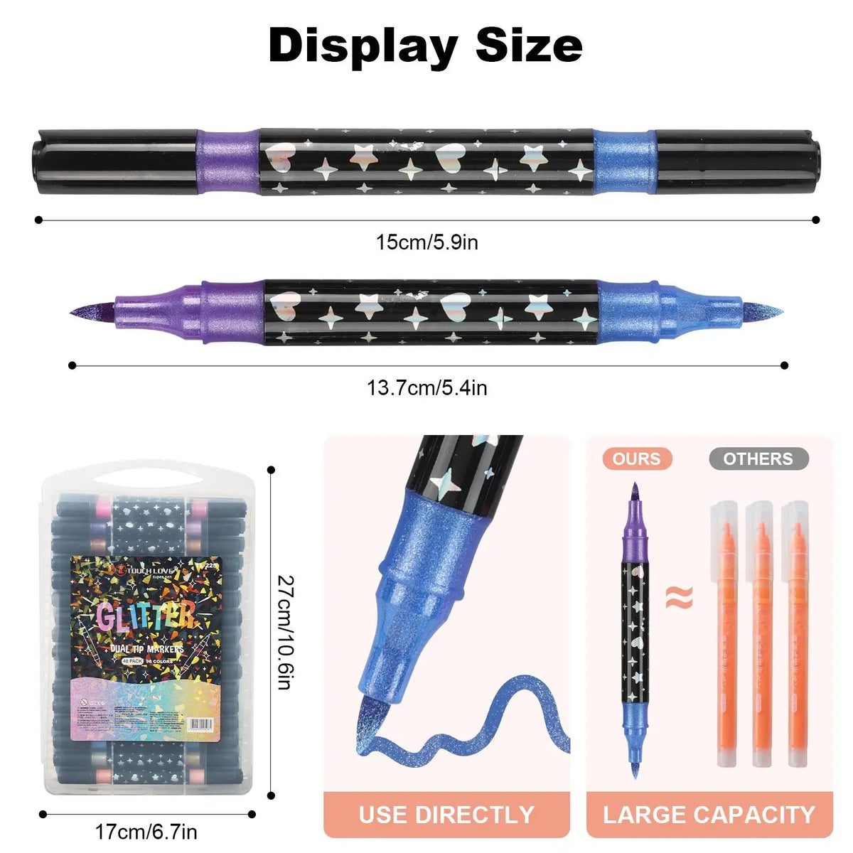 A set of dual brush tip glitter markers in purple and black with metallic and sparkle designs shown next to packaging.