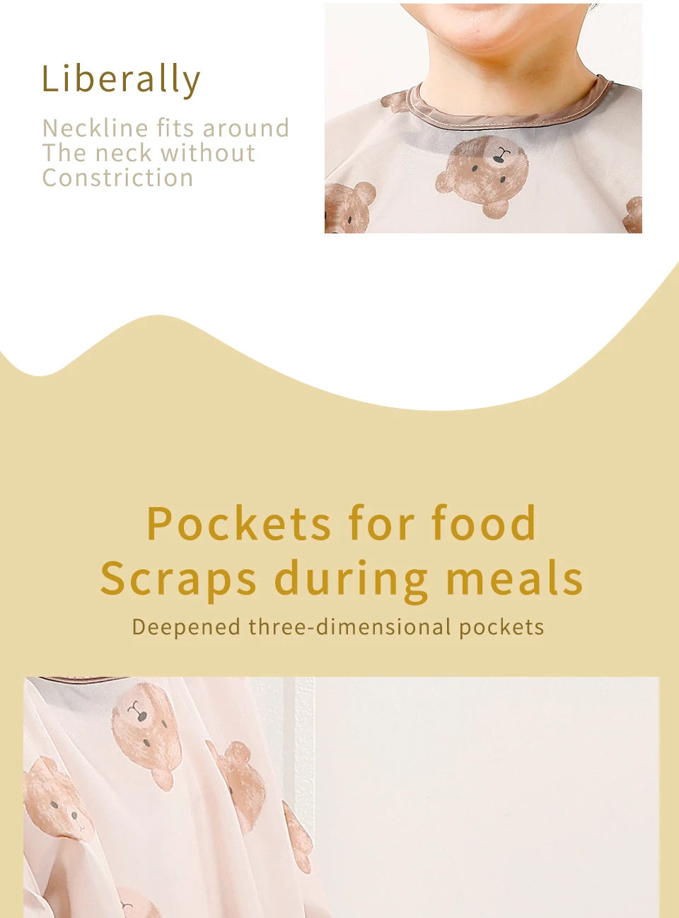 A close-up of a light pink long sleeve feeding bib with three-dimensional pockets for food scraps.