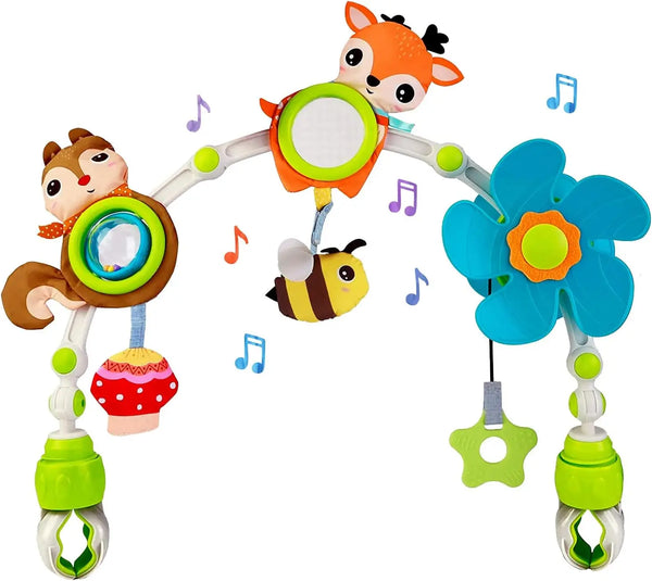 An adjustable musical activity arch for baby travel featuring an orange and white animal figure.