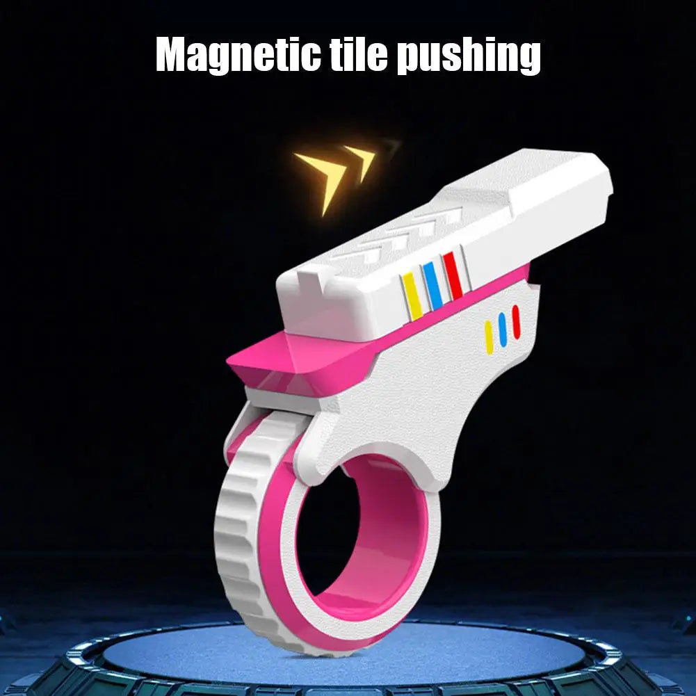 A white magnetic tile pushing toy with pink accents is shown against a dark background.