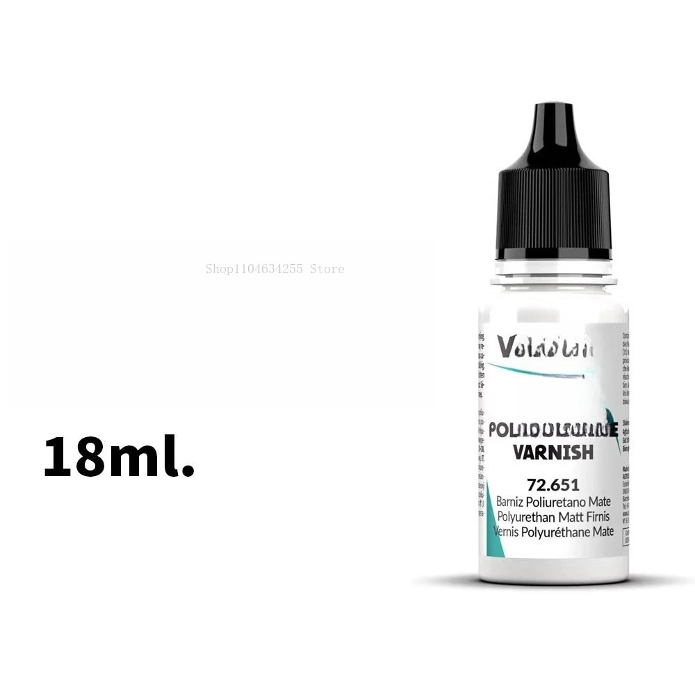 A bottle of Polylurethane Varnish for model protective finish with a black dropper cap.