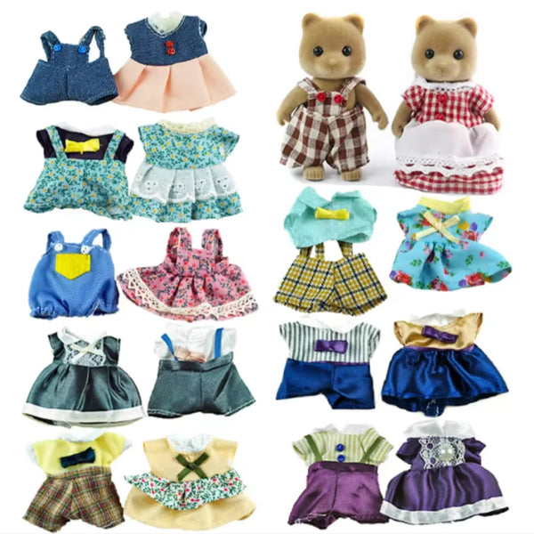 A collection of 1:12 scale forest animal doll clothing sets featuring various patterns and colors.