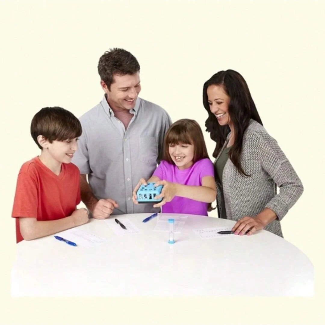 A family of three is playing Boggle using dice game pieces on a white table.