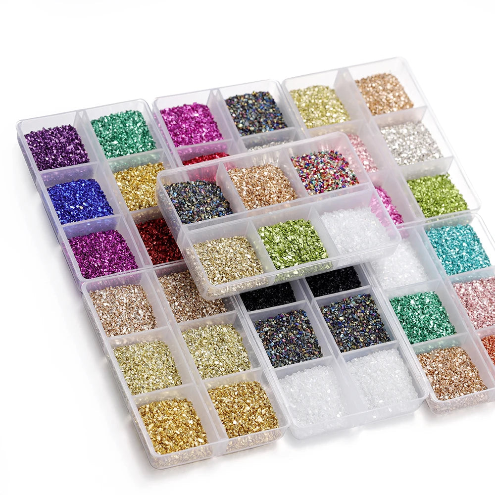A collection of colorful crushed glass stones in various shades and sizes, packaged in clear plastic compartments for resin a