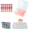 Diamond painting storage trays with lids and an organizer rack showing various colored beads.