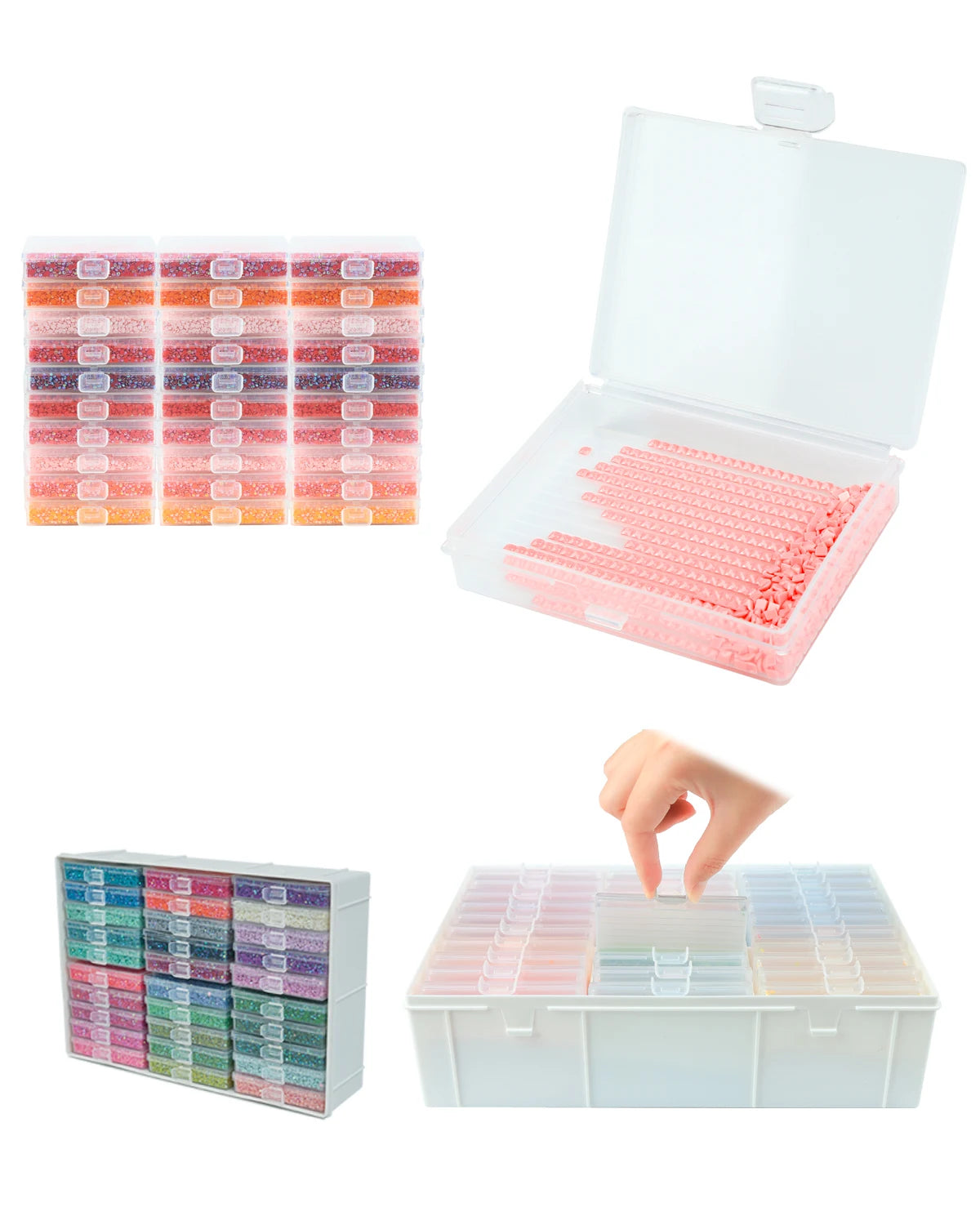 Diamond painting storage trays with lids and an organizer rack showing various colored beads.