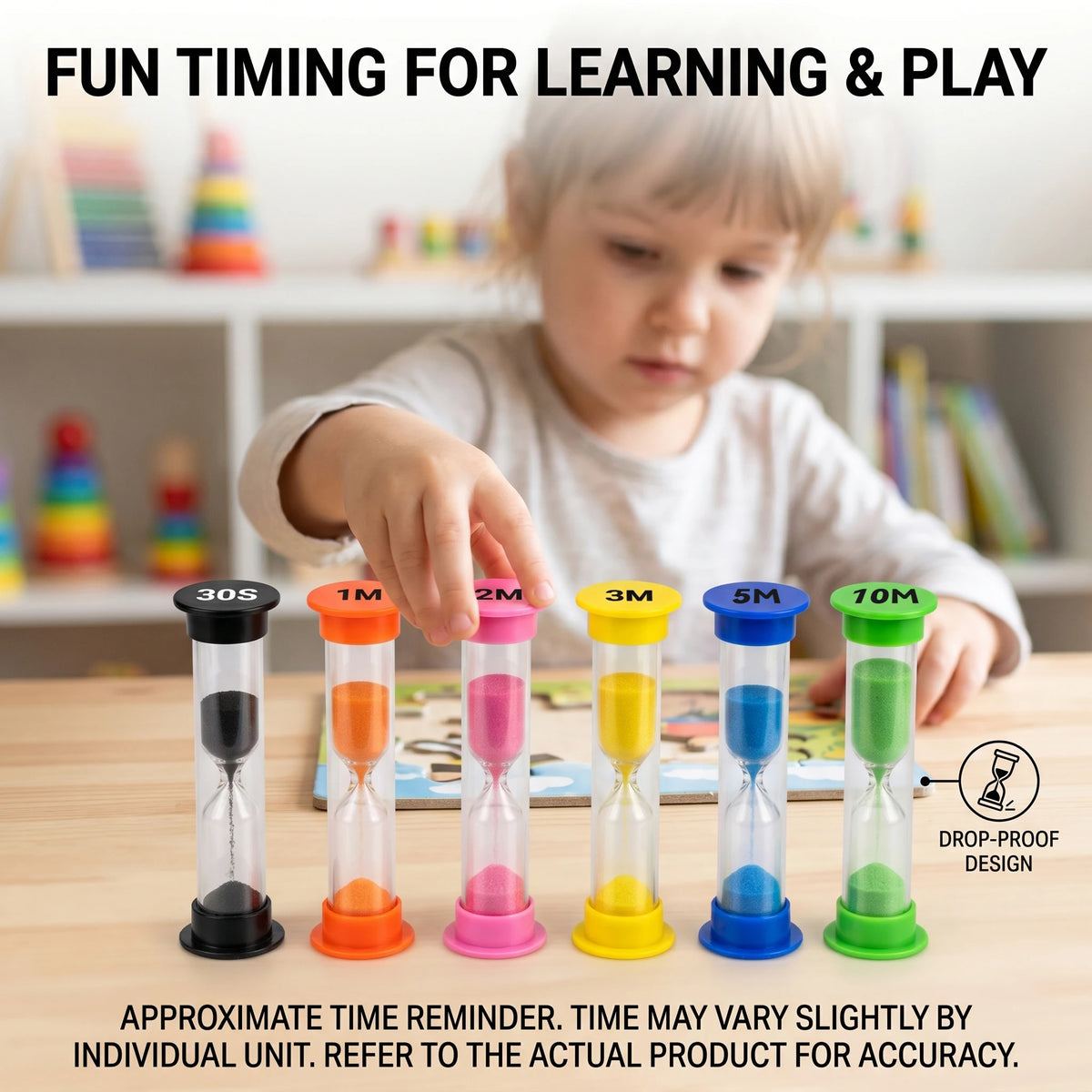 A child points at a set of colorful hourglass sand timers with durations ranging from 30 seconds to 10 minutes on a wooden ta