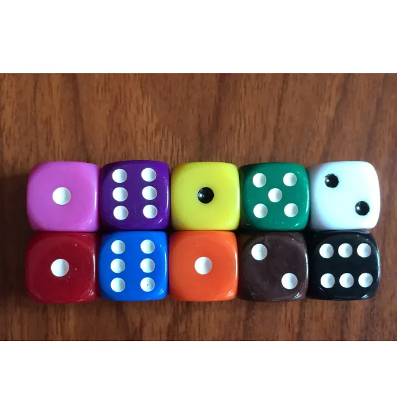 A row of ten colorful solid acrylic dice in various colors including purple, blue, yellow, green, and black.