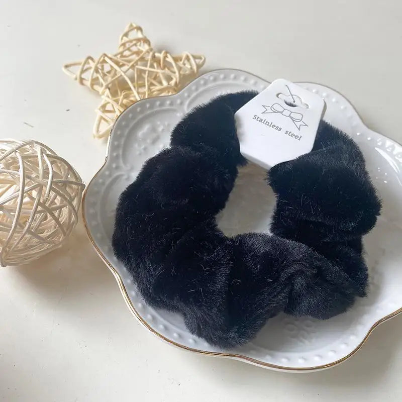 Plush Knit Scrunchie Hair Ties with Leather Accent