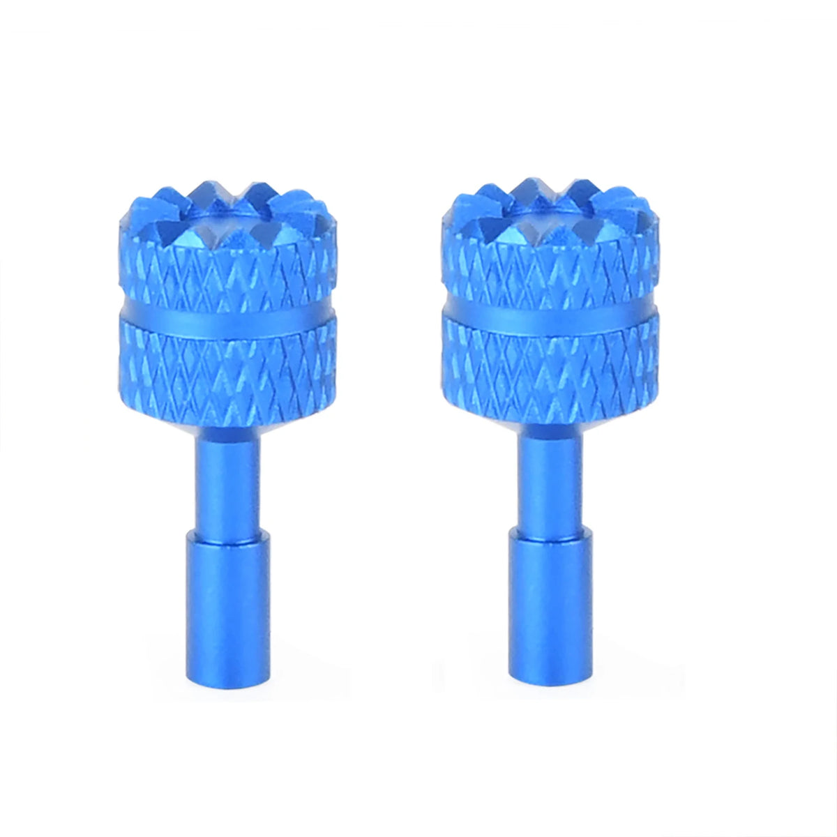 A pair of blue precision CNC aluminum joystick thumb sticks for DJI RC 2 drones.