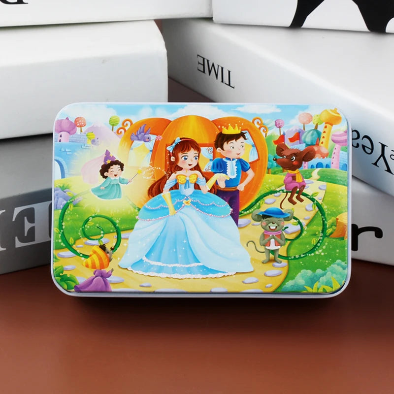 A colorful jigsaw puzzle featuring Disney characters like Belle and a prince surrounded by woodland animals and nature scenes