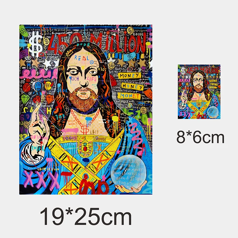 A vibrant, colorful artwork featuring a bearded man surrounded by dollar signs and text related to money and wealth.