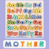 A wooden alphabet puzzle set showing uppercase and lowercase letters in various colors for letter shape recognition.