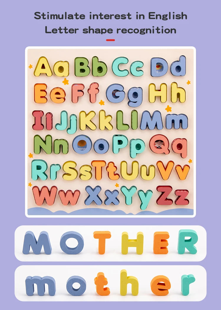 A wooden alphabet puzzle set showing uppercase and lowercase letters in various colors for letter shape recognition.