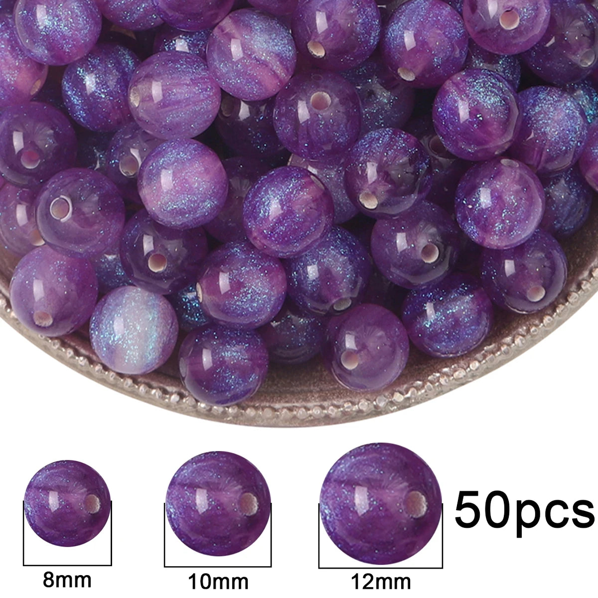 A close-up view of small purple resin spacer beads with a starry sky effect, shown in various sizes.