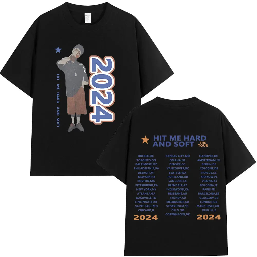 Black t-shirt featuring a graphic design with the text 2024 and an illustration of a person.