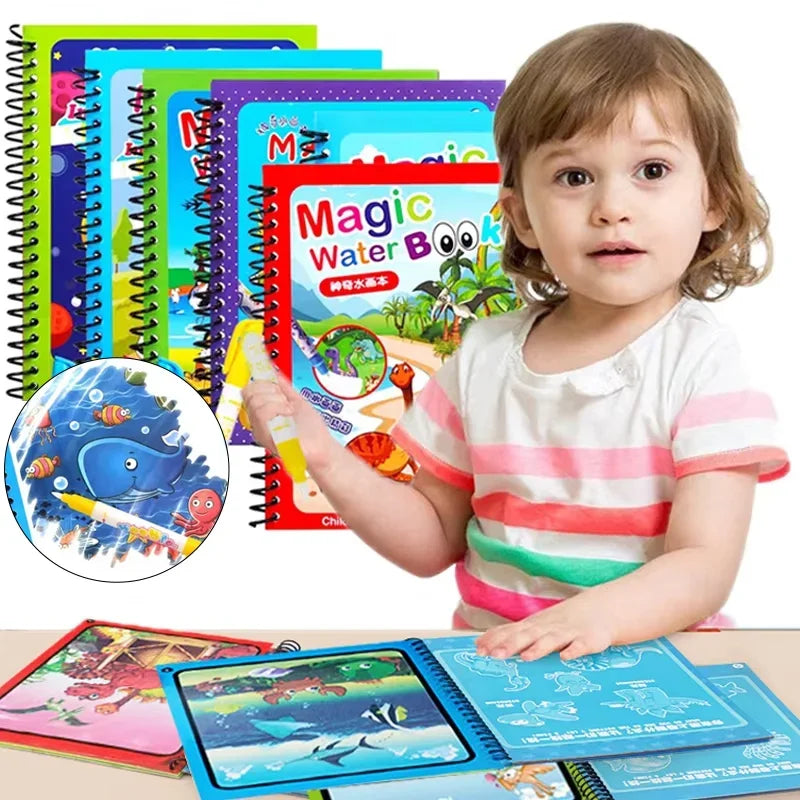 A young girl holds a colorful reusable magic water coloring book and several related books.