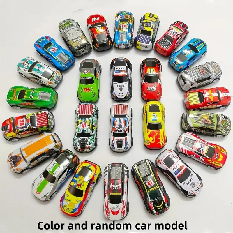 A collection of colorful die-cast mini racing cars in various colors and models displayed on a white background.