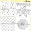 A page from an adult coloring book featuring various designs including balloons, cupcakes, and geometric patterns.