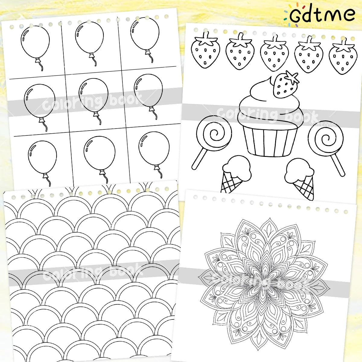 A page from an adult coloring book featuring various designs including balloons, cupcakes, and geometric patterns.