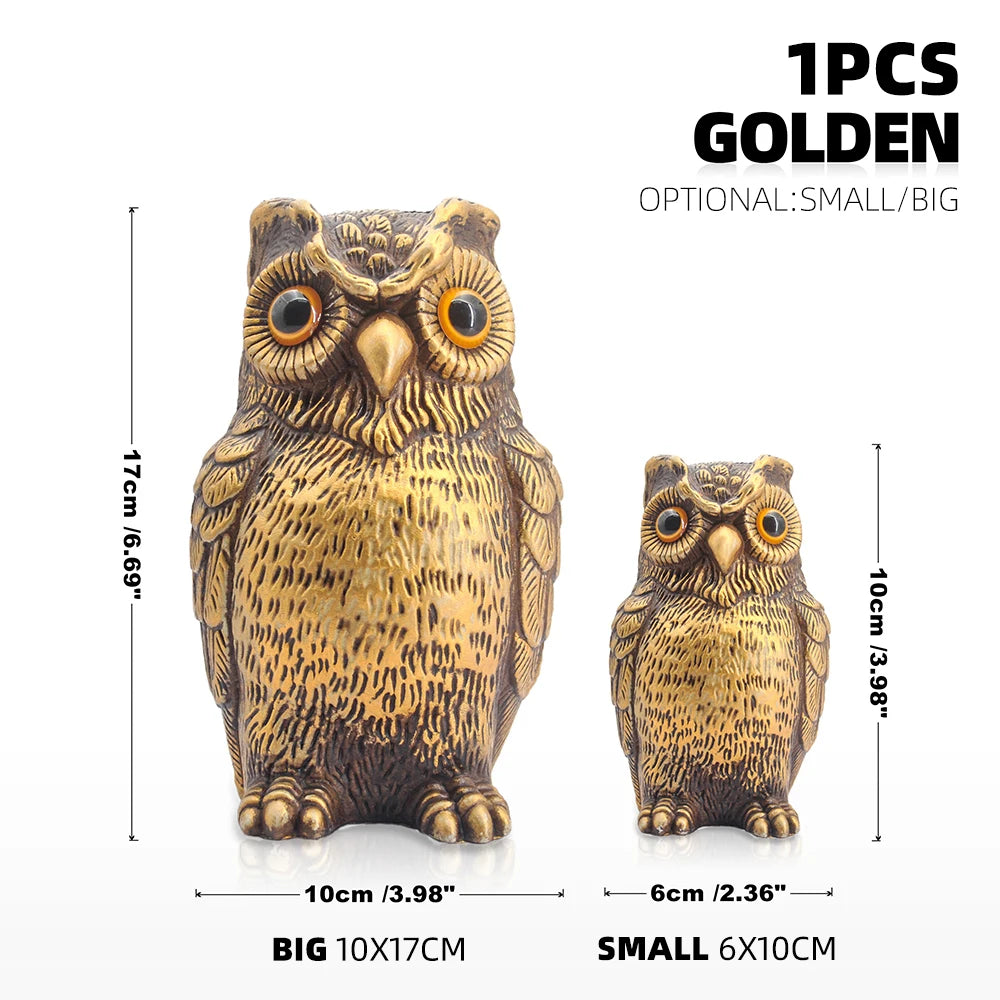 A realistic golden owl garden statue for bird deterrent decor, shown in both big and small sizes.