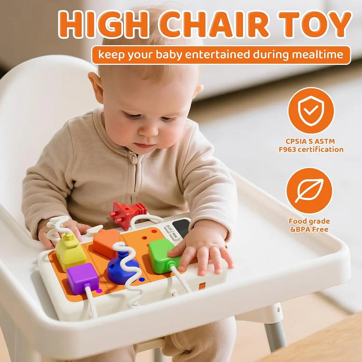 A baby is interacting with a colorful interactive busy board toy designed for entertainment during mealtimes.