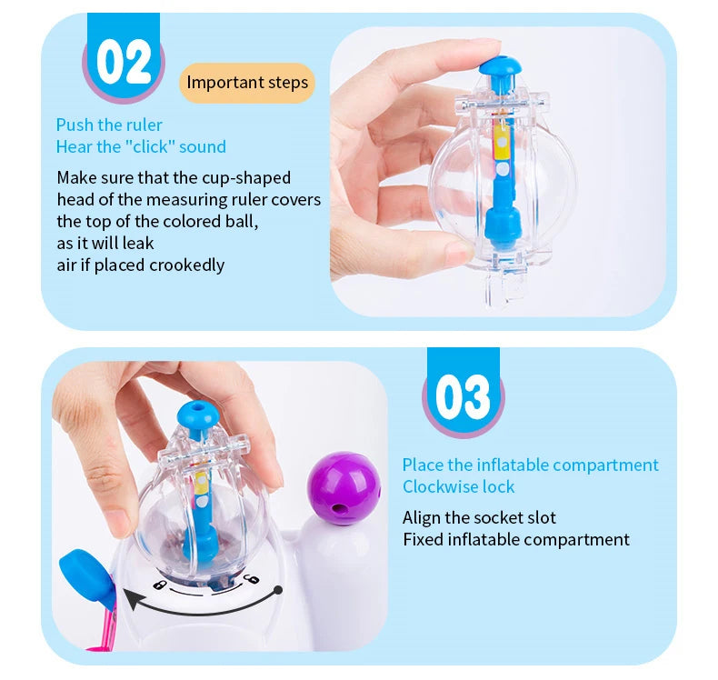 Step 03 shows how to place the inflatable compartment with a clockwise lock into the socket slot of the DIY Animal Balloon Cr