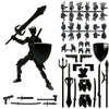 A black magnetic multi-jointed action figure building set with various accessories and a display stand.