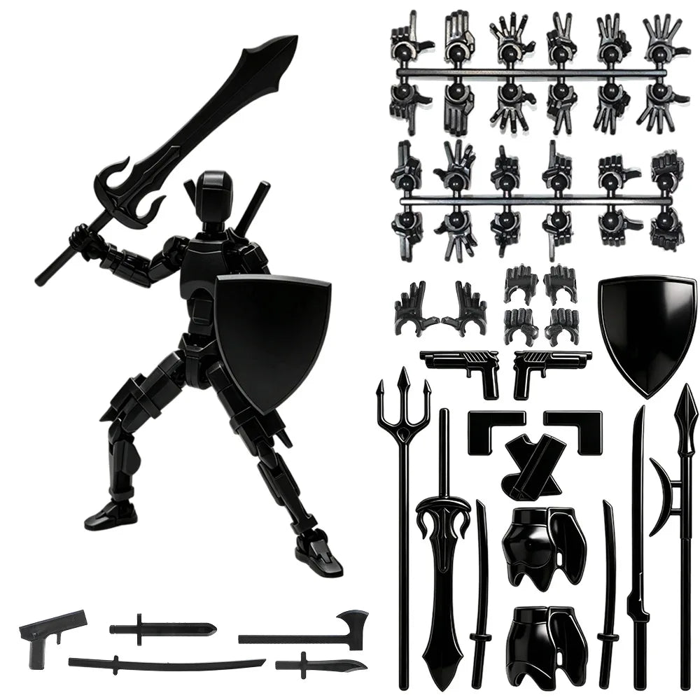 A black magnetic multi-jointed action figure building set with various accessories and a display stand.