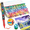 A set of acrylic paint pens with flexible brush tips displayed next to an open box and a colorful painting.