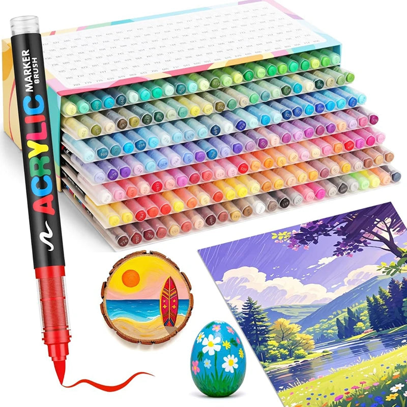 A set of acrylic paint pens with flexible brush tips displayed next to an open box and a colorful painting.