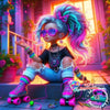 A colorful cartoon character with bright blue hair and pink accents is shown in a diamond painting kit context.